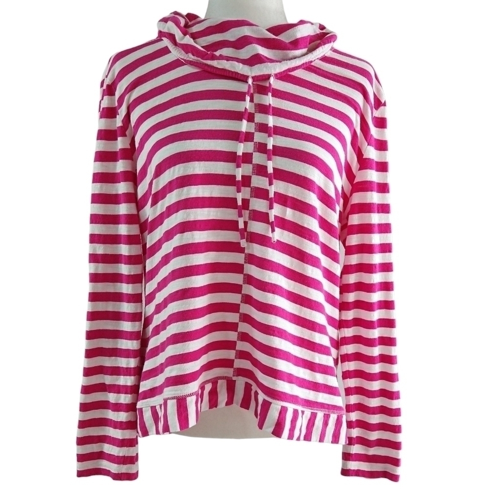Chico's Zenergy 100% Cotton Hot Pink White Striped Cowl Neck Top Barbiecore